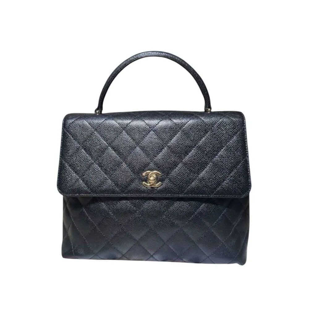 Chanel Black Caviar Quilted Leather Coco Mark CC Top Handle Flap Tote